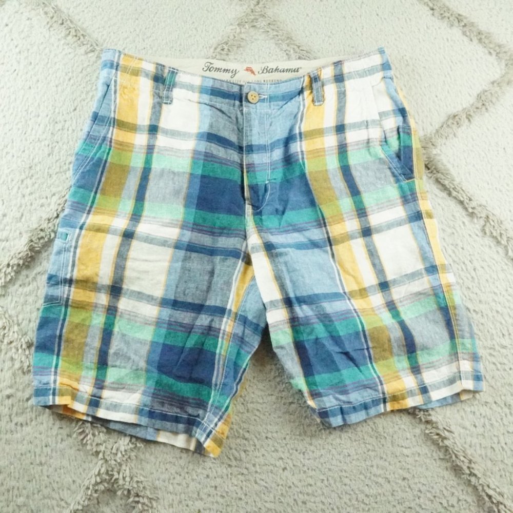 Tommy Bahama 100% Linen Chino Shorts Mens Adult 32 Plaid Multi Color
